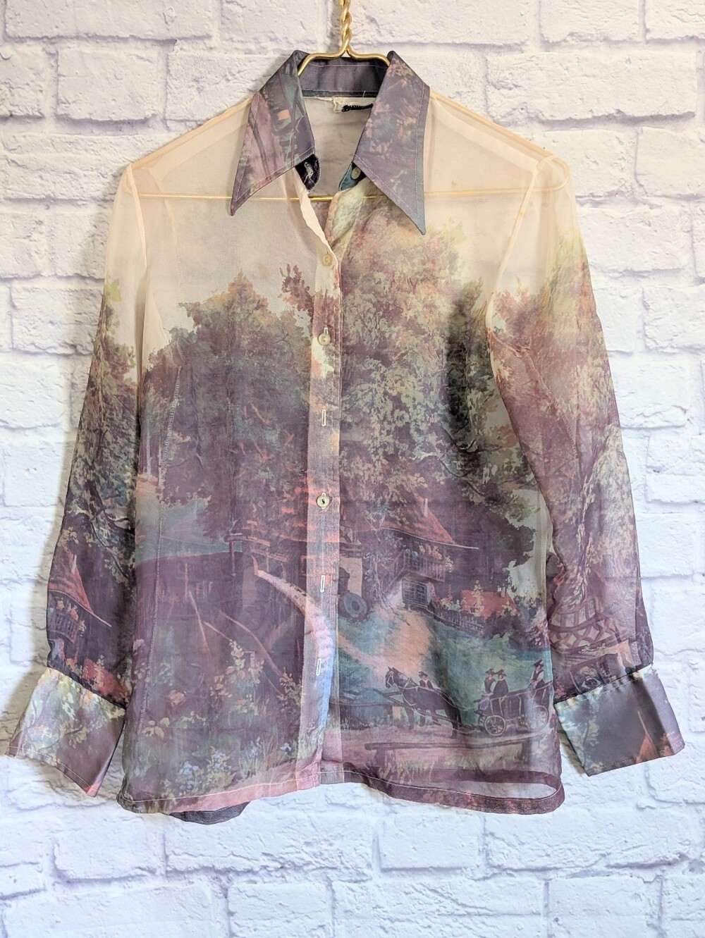 Vintage 70s Sheer Novelty Scenic Print Disco Shirt M Retro Button Down Polyester
